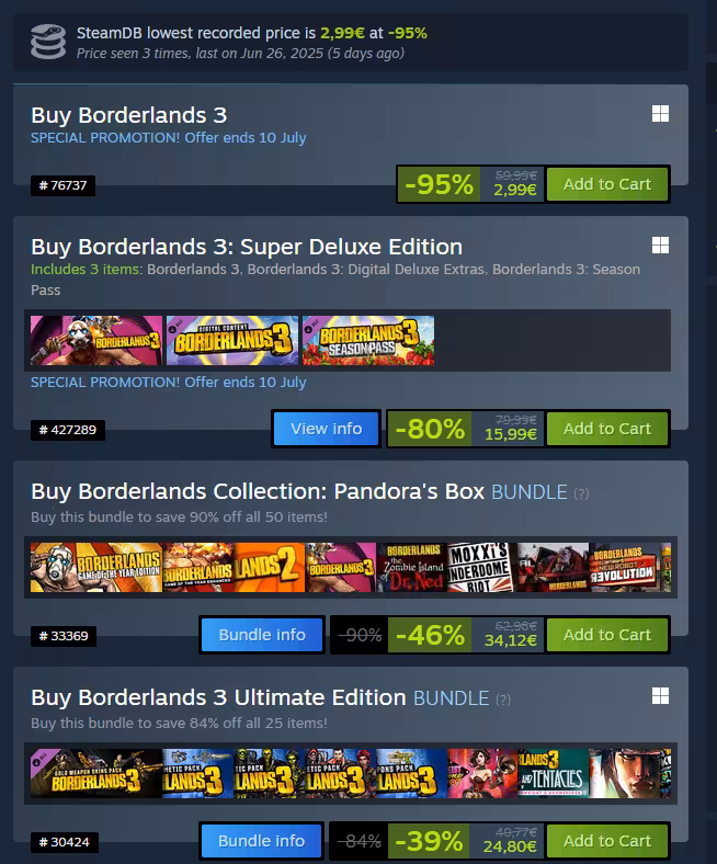 Borderlands 3 Vasaros „Steam“ išpardavimo nuolaida