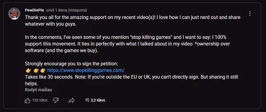 PewDiePie palaikymas „Stop Killing Games“