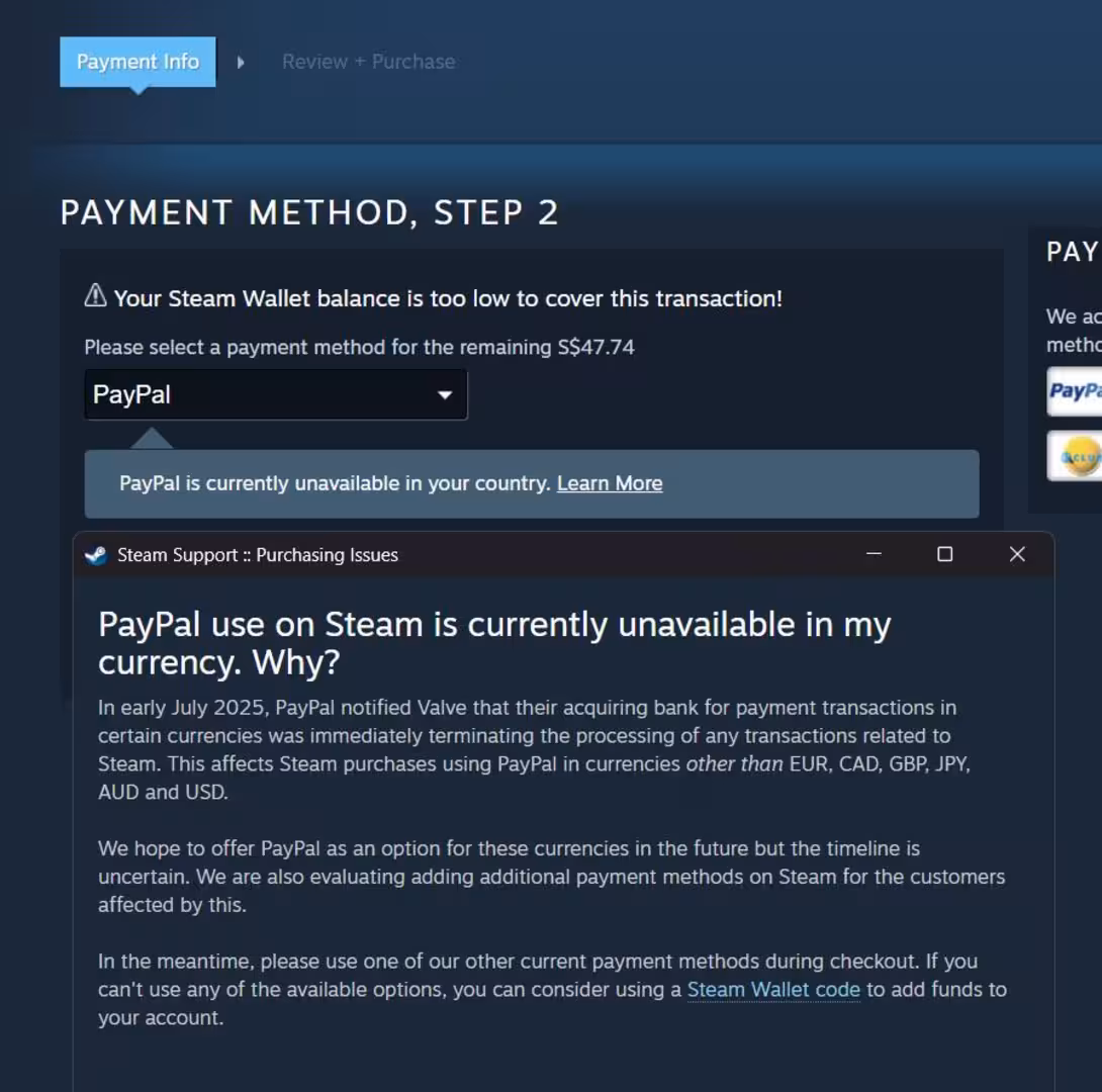 negaliomas mokėjimas per Paypal Steam